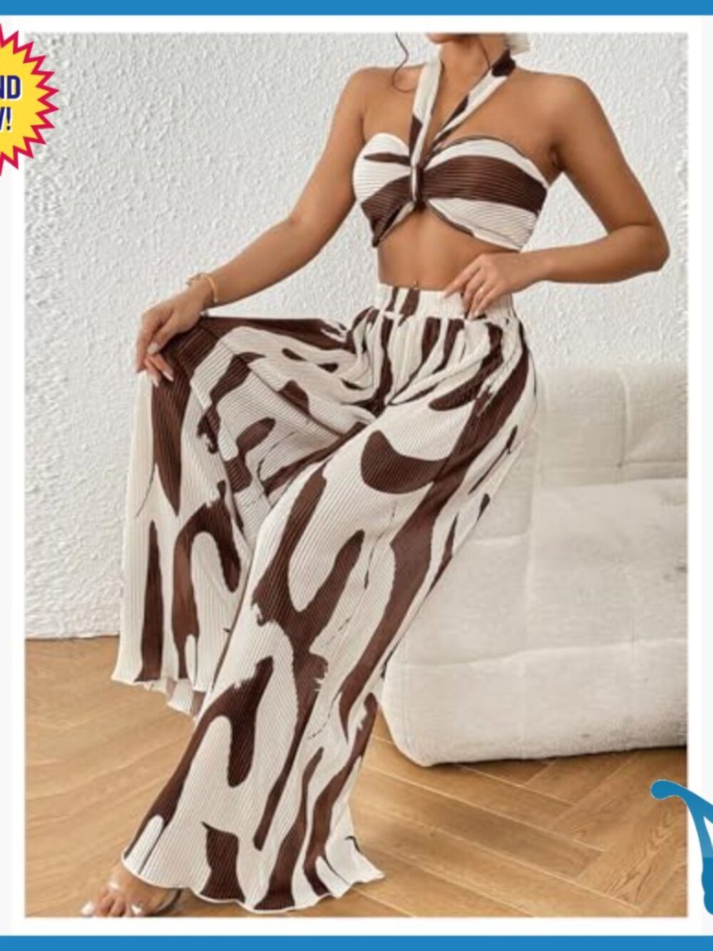 Knitted Crop Halter Top and Wide Leg Pants Set, Polyester, XS - Picture 4 of 7